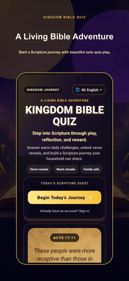 Kingdom Bible Quiz app home screen: A Living Bible Adventure